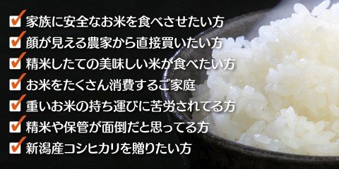 家族に安全なお米を食べさせたい。顔が見える農家から直接買いたい。精米したて美味しいお米が食べたい。お米を沢山消費するご家庭。重いお米の持ち運びに苦労している。精米や保管が面倒だ。新潟産コシヒカリを贈りたい。